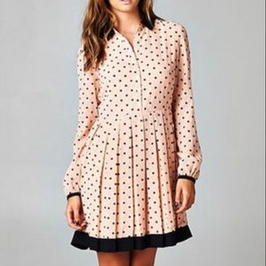Pink, collared, pleated, polka dot dress